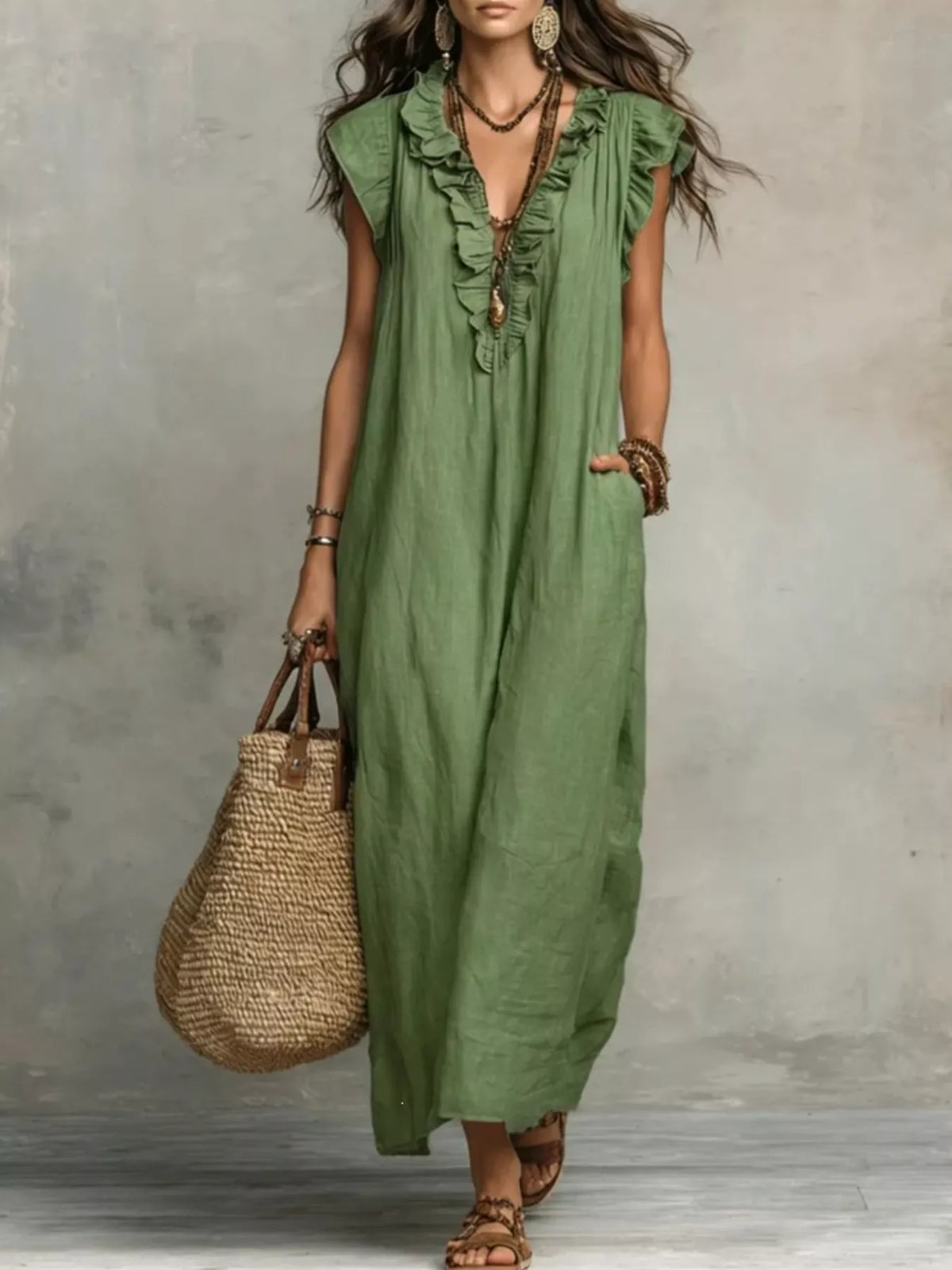 Ruffled V-Neck Maxi Dress - WYNFLARE