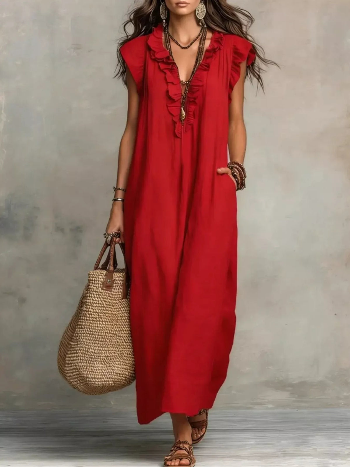 Ruffled V-Neck Maxi Dress - WYNFLARE