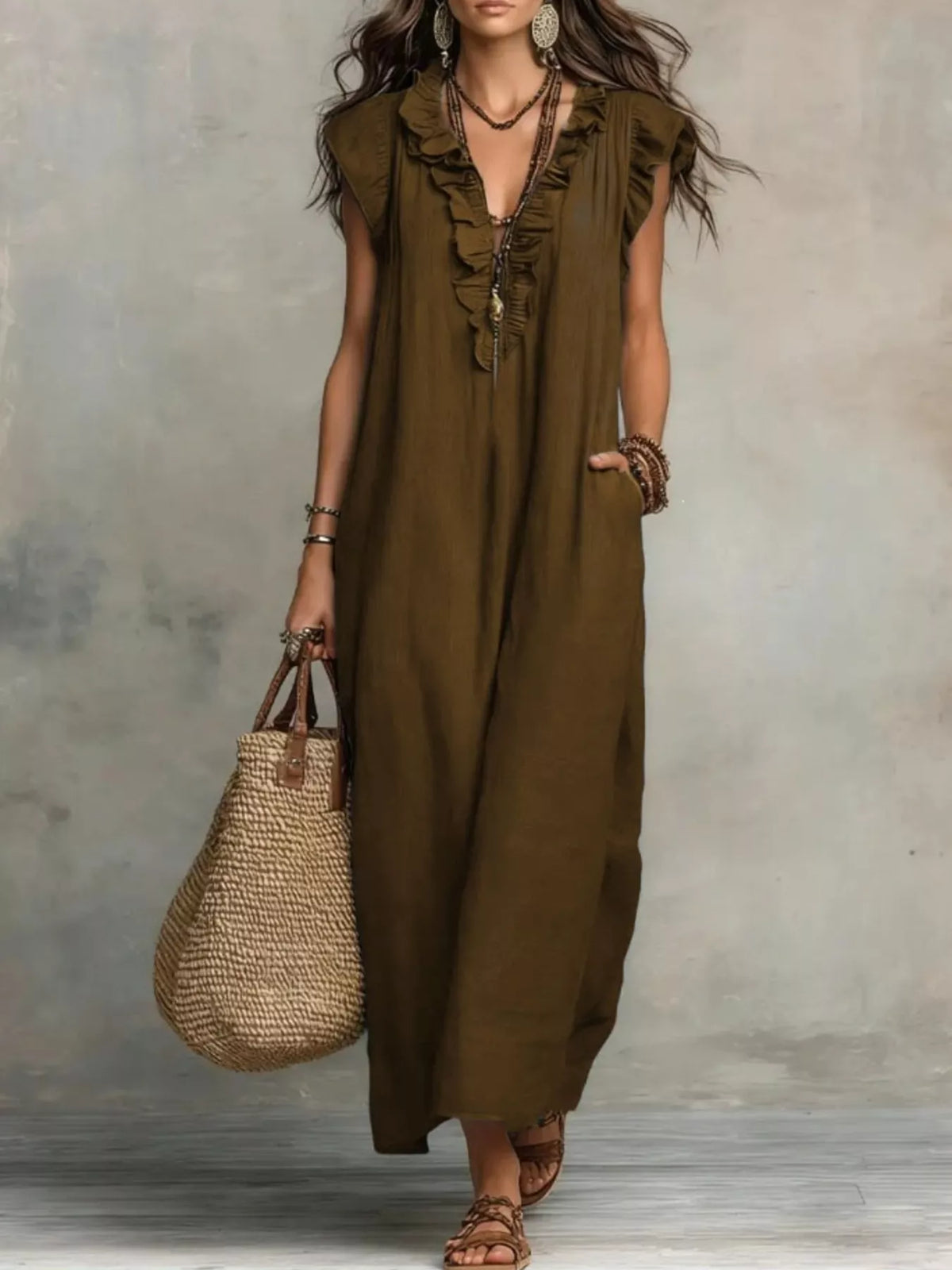 Ruffled V-Neck Maxi Dress - WYNFLARE