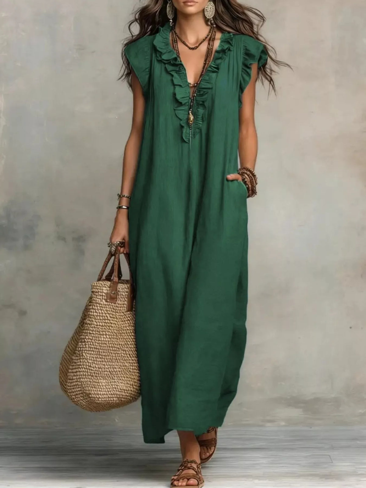 Ruffled V-Neck Maxi Dress - WYNFLARE