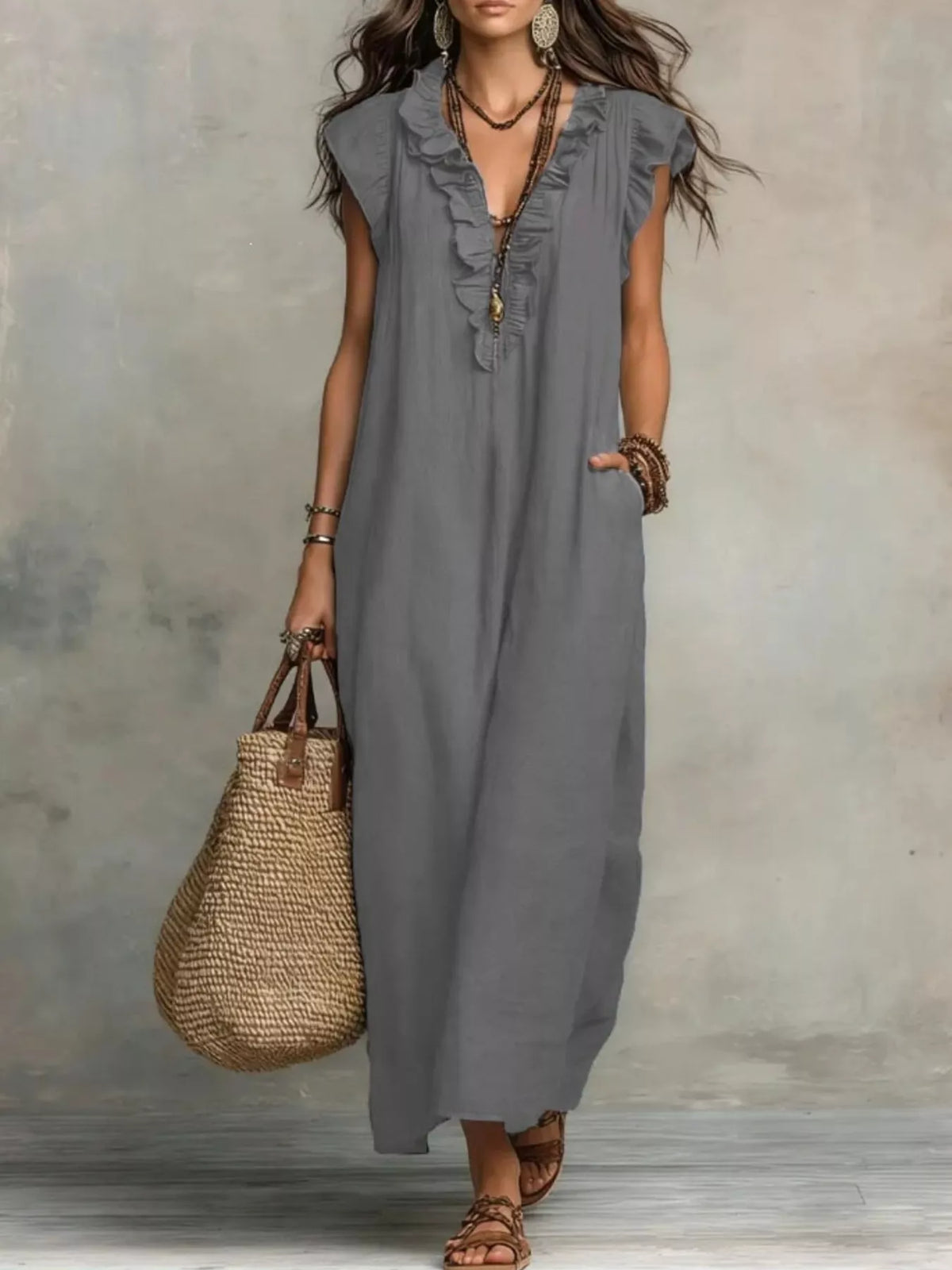Ruffled V-Neck Maxi Dress - WYNFLARE