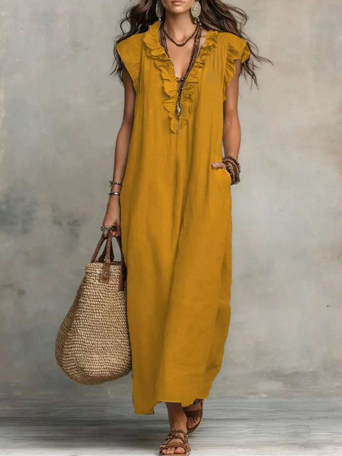Ruffled V-Neck Maxi Dress - WYNFLARE