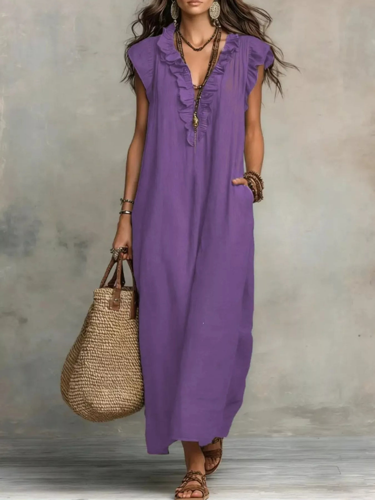 Ruffled V-Neck Maxi Dress - WYNFLARE