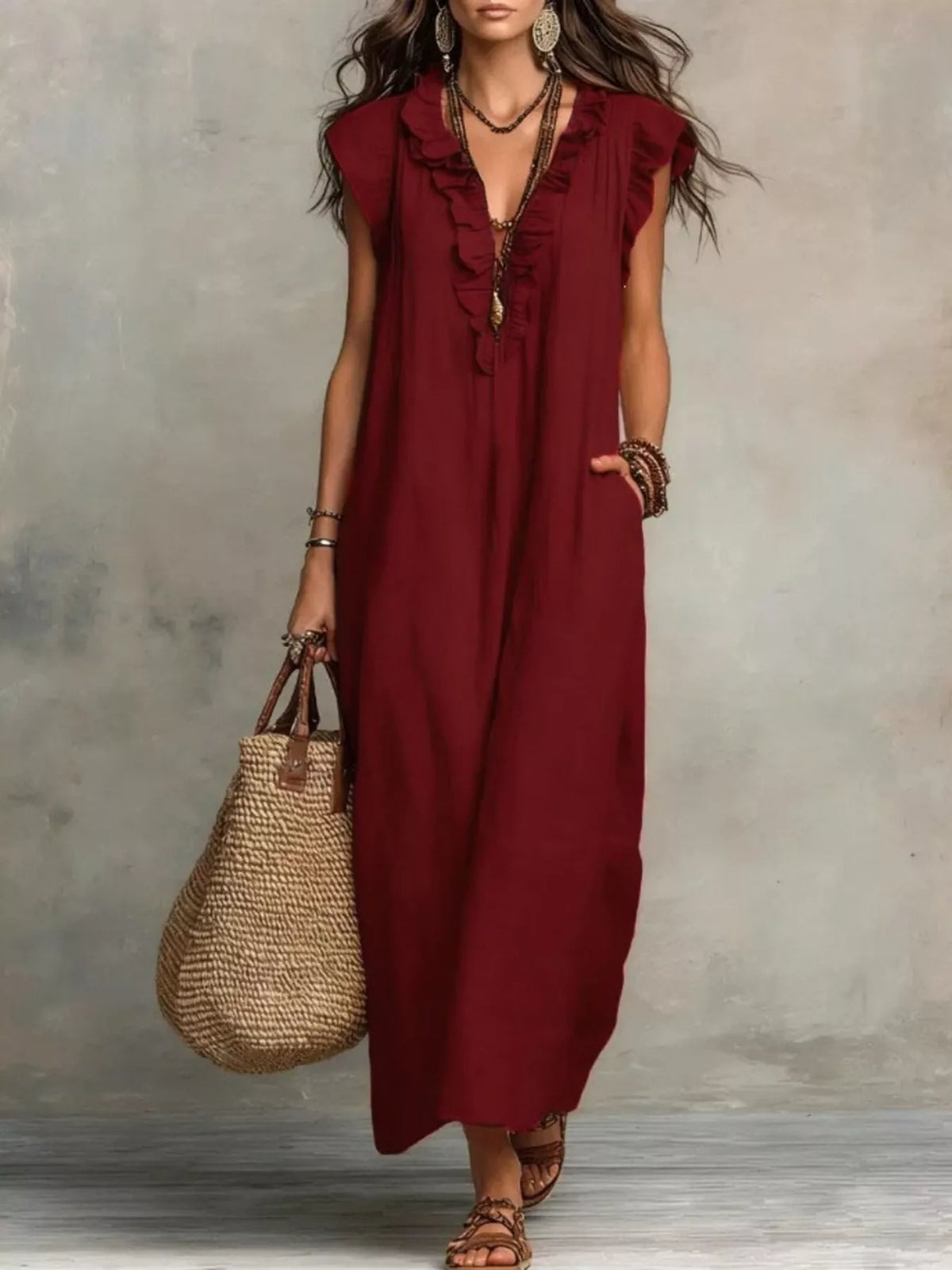 Ruffled V-Neck Maxi Dress - WYNFLARE