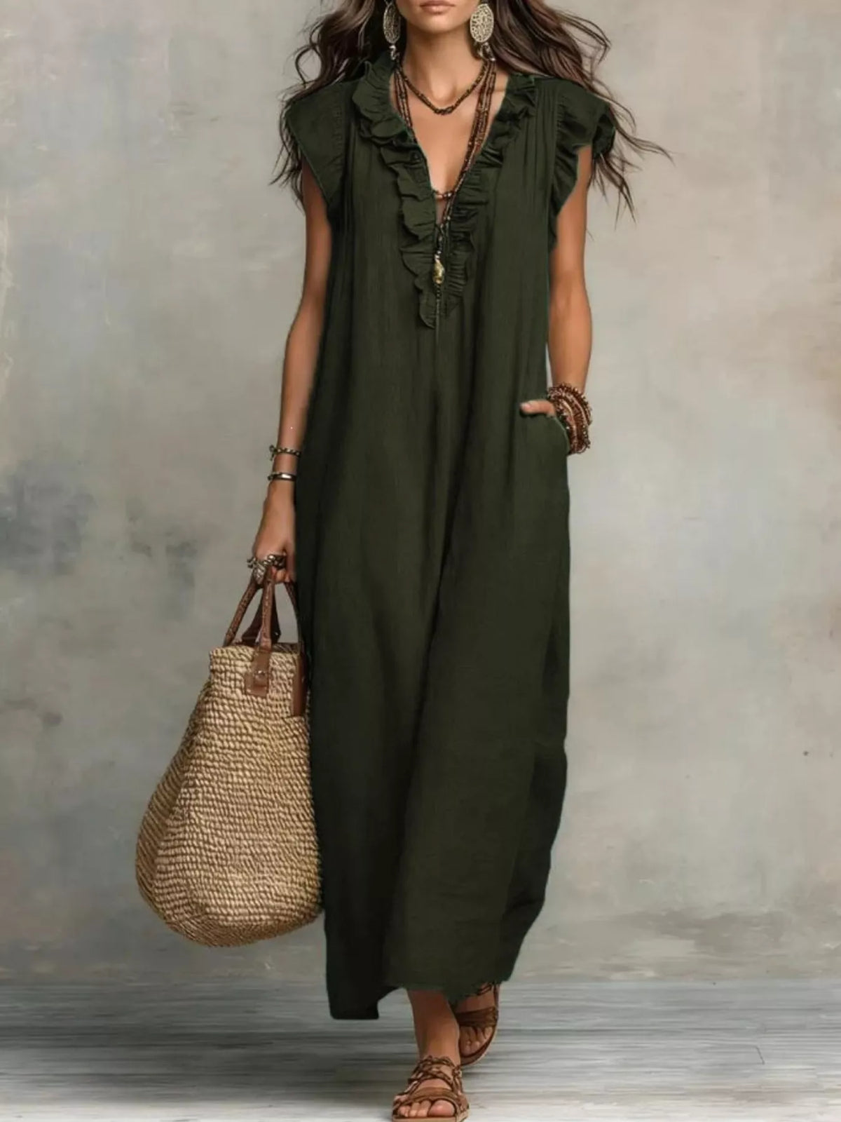 Ruffled V-Neck Maxi Dress - WYNFLARE