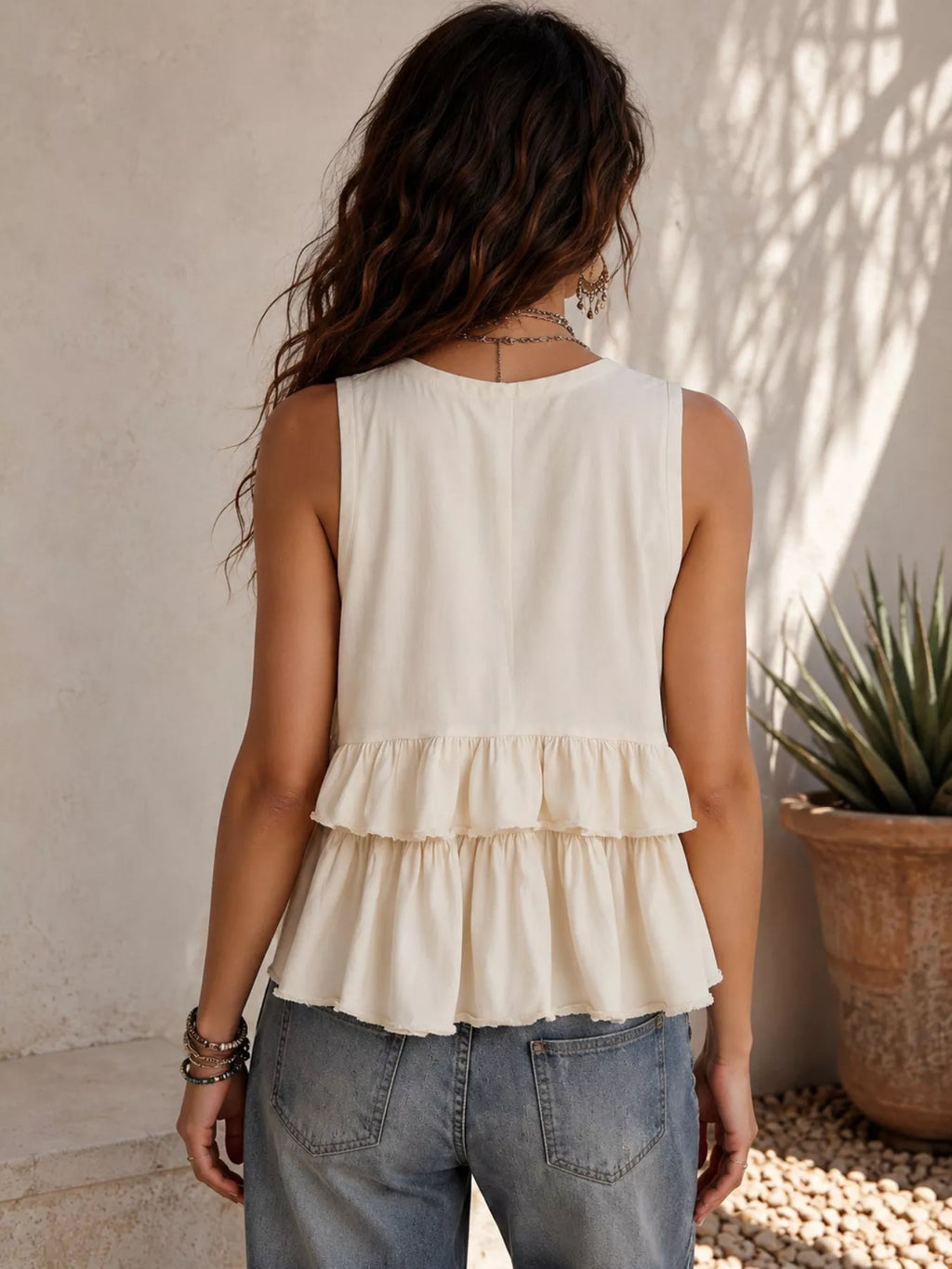 Ruffled V-Neck Sleeveless Top - WYNFLARE