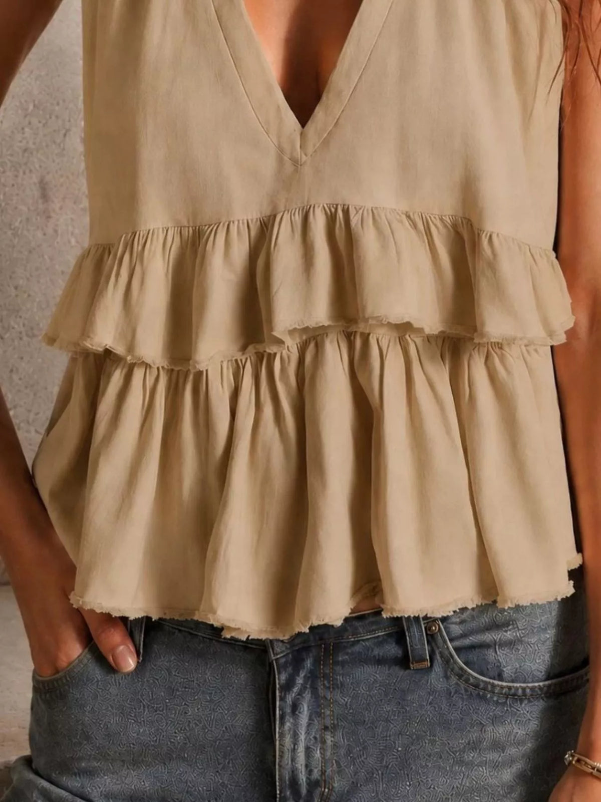 Ruffled V-Neck Sleeveless Top - WYNFLARE