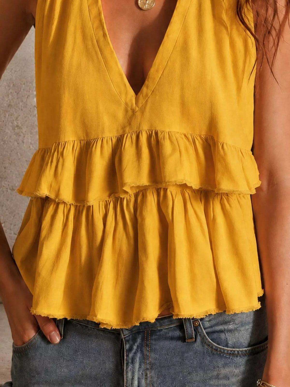 Ruffled V-Neck Sleeveless Top - WYNFLARE