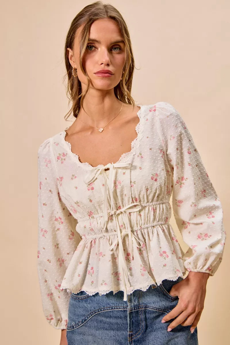 SO ME Floral Clip Dot Lace Trim Ruched Bodice Blouse - WYNFLARE