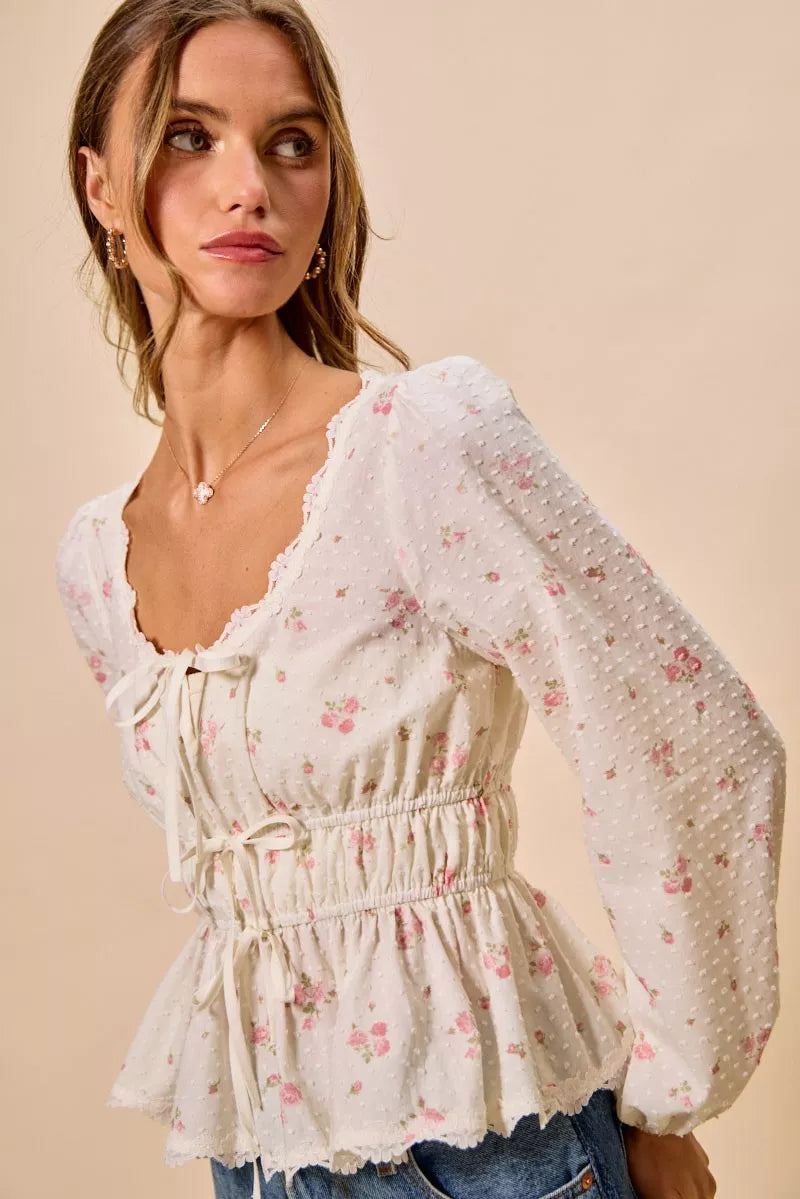 SO ME Floral Clip Dot Lace Trim Ruched Bodice Blouse - WYNFLARE