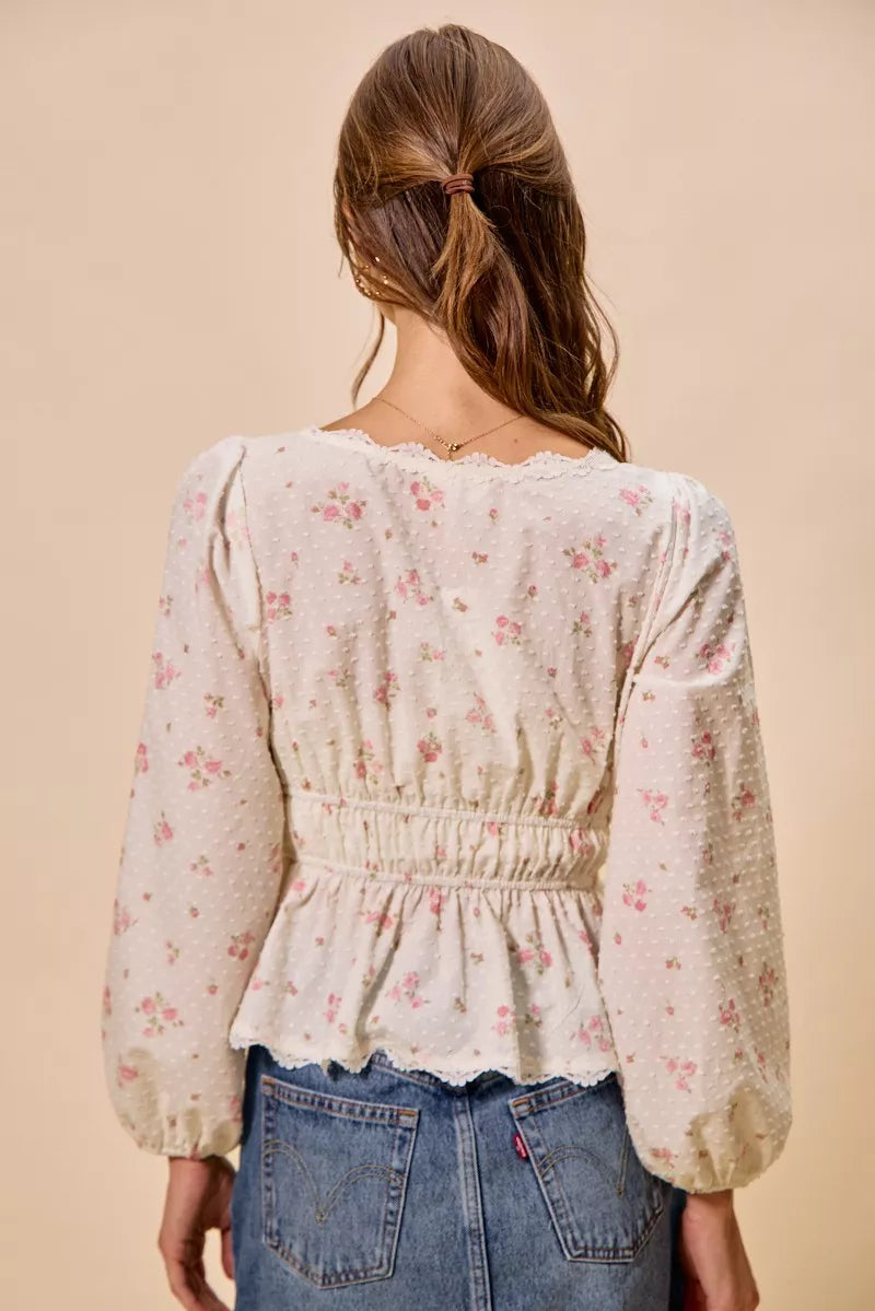 SO ME Floral Clip Dot Lace Trim Ruched Bodice Blouse - WYNFLARE