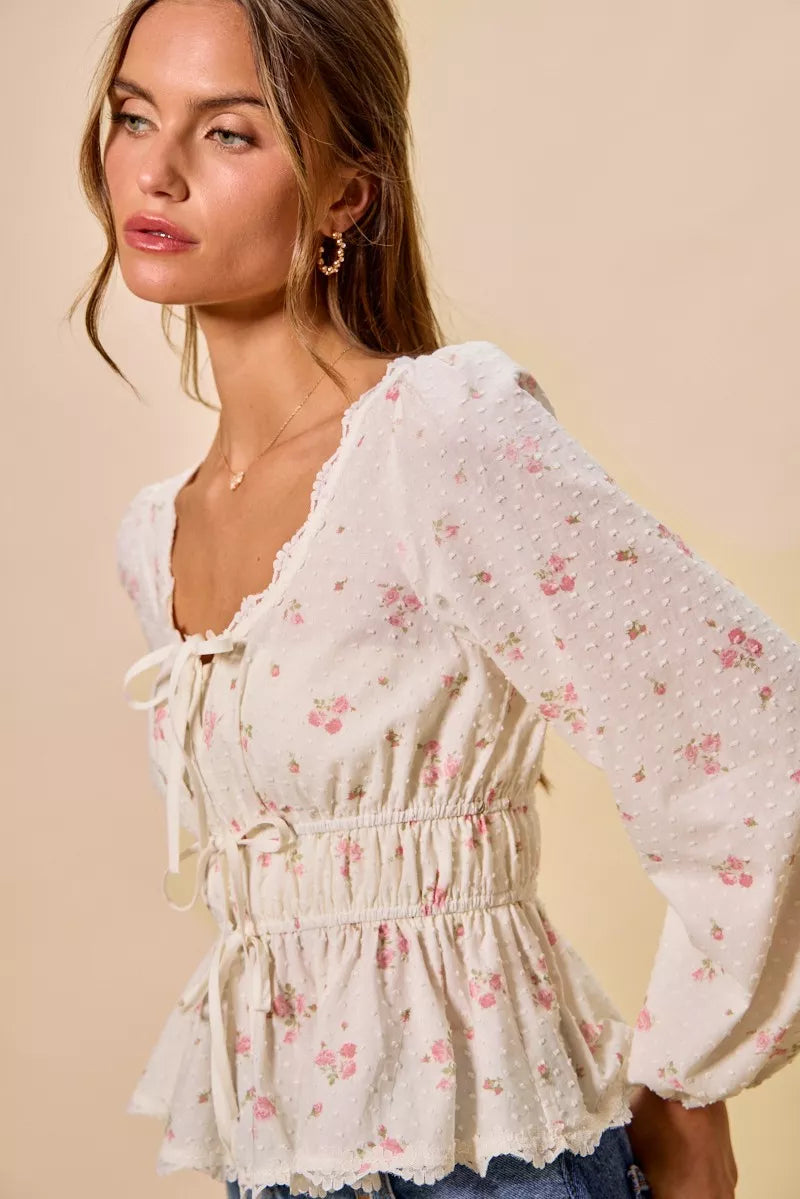 SO ME Floral Clip Dot Lace Trim Ruched Bodice Blouse - WYNFLARE