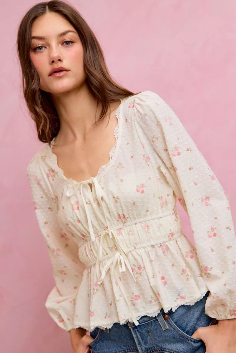 SO ME Floral Clip Dot Lace Trim Ruched Bodice Blouse - WYNFLARE