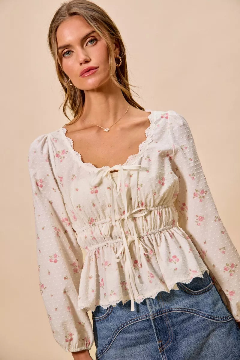 SO ME Floral Clip Dot Lace Trim Ruched Bodice Blouse - WYNFLARE