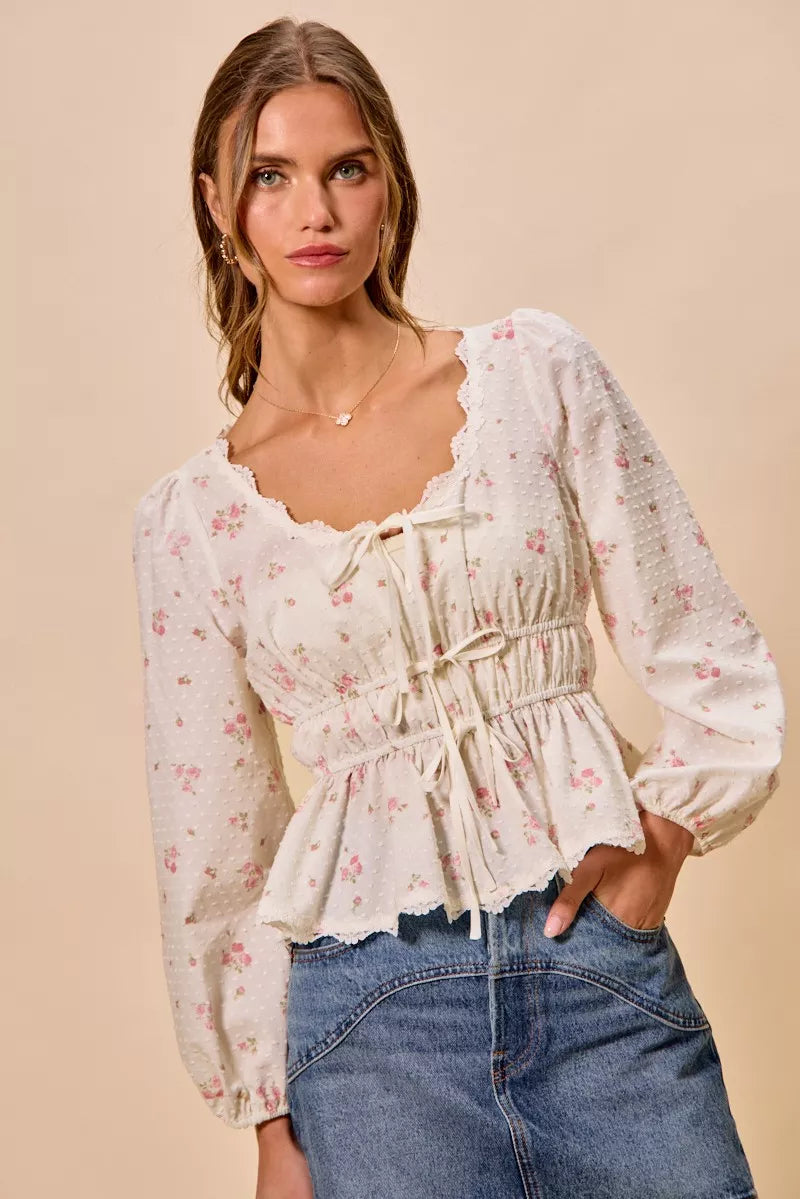 SO ME Floral Clip Dot Lace Trim Ruched Bodice Blouse - WYNFLARE