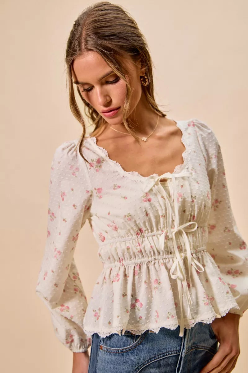 SO ME Floral Clip Dot Lace Trim Ruched Bodice Blouse - WYNFLARE