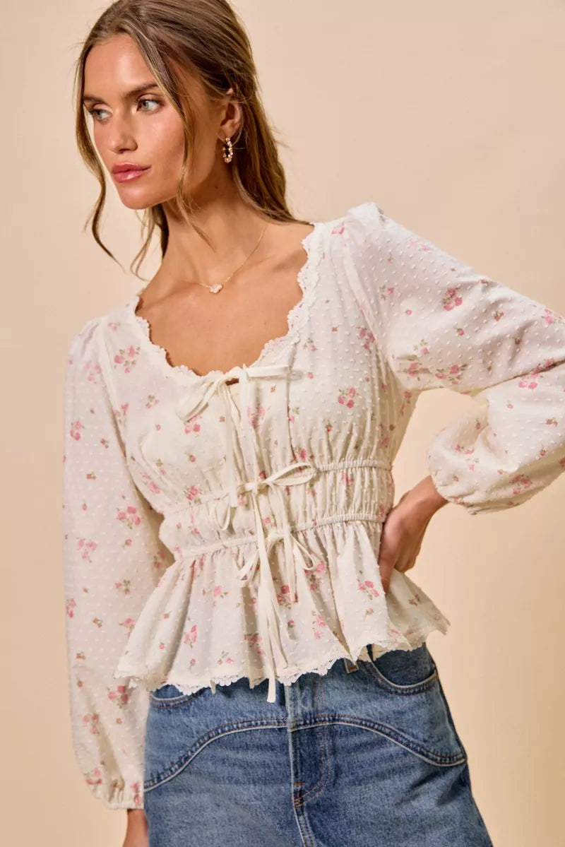 SO ME Floral Clip Dot Lace Trim Ruched Bodice Blouse - WYNFLARE