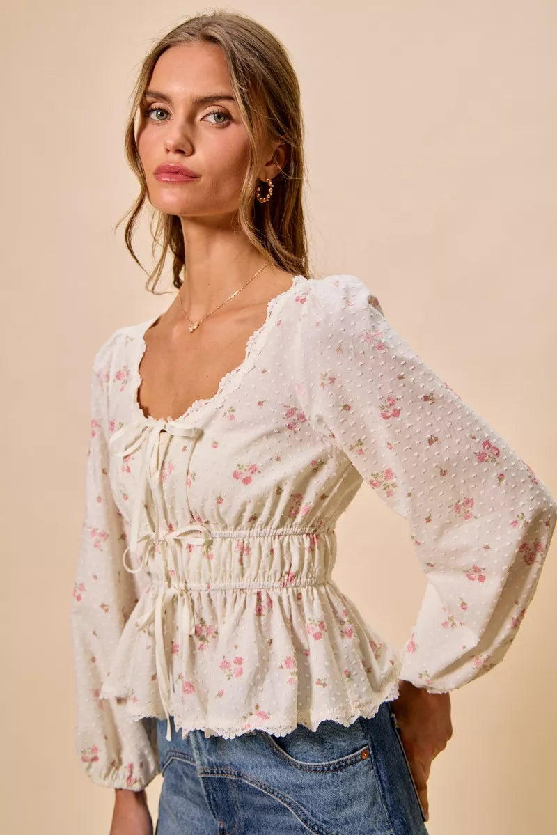 SO ME Floral Clip Dot Lace Trim Ruched Bodice Blouse - WYNFLARE