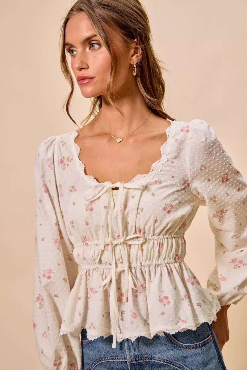SO ME Floral Clip Dot Lace Trim Ruched Bodice Blouse - WYNFLARE