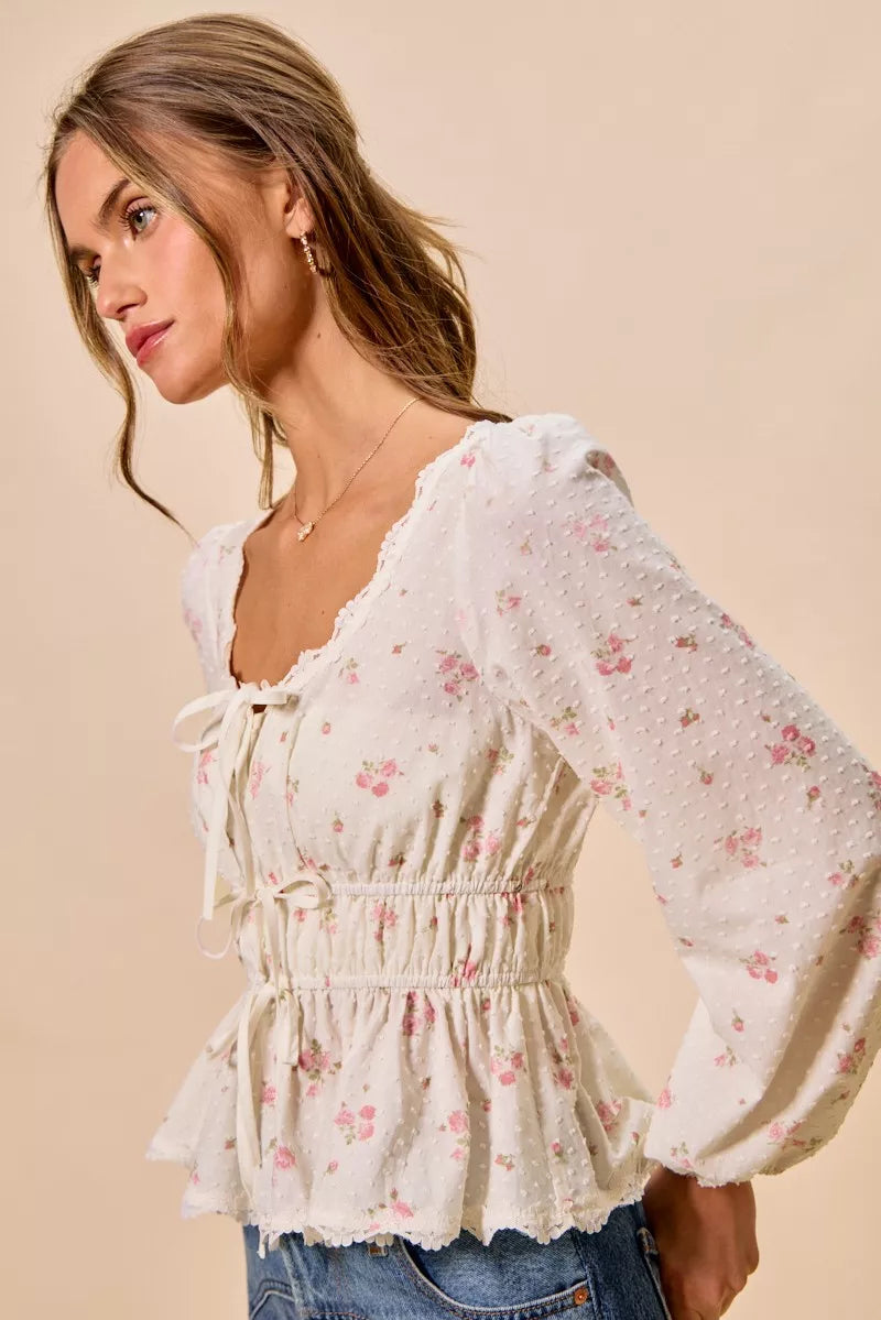 SO ME Floral Clip Dot Lace Trim Ruched Bodice Blouse - WYNFLARE