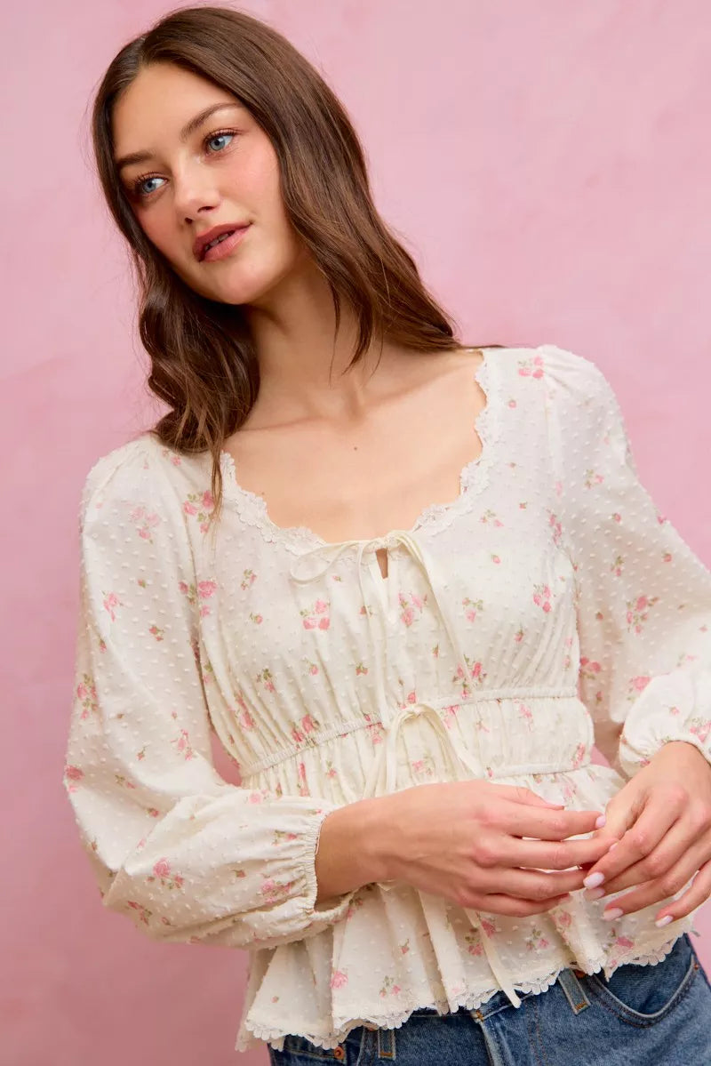 SO ME Floral Clip Dot Lace Trim Ruched Bodice Blouse - WYNFLARE