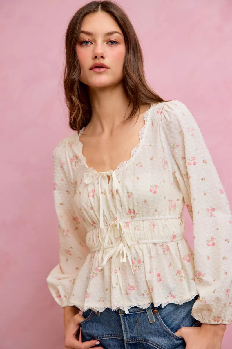 SO ME Floral Clip Dot Lace Trim Ruched Bodice Blouse - WYNFLARE