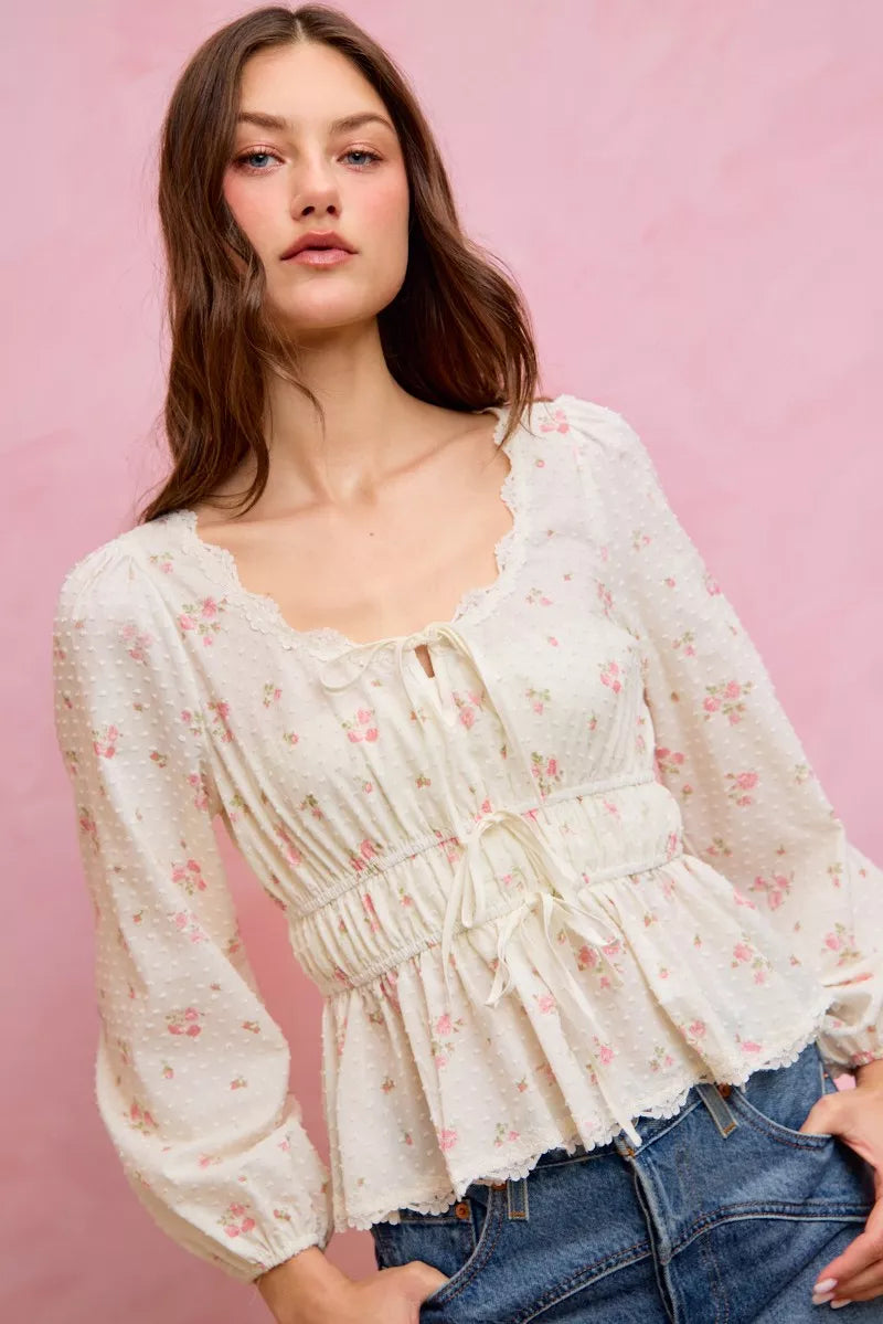 SO ME Floral Clip Dot Lace Trim Ruched Bodice Blouse - WYNFLARE
