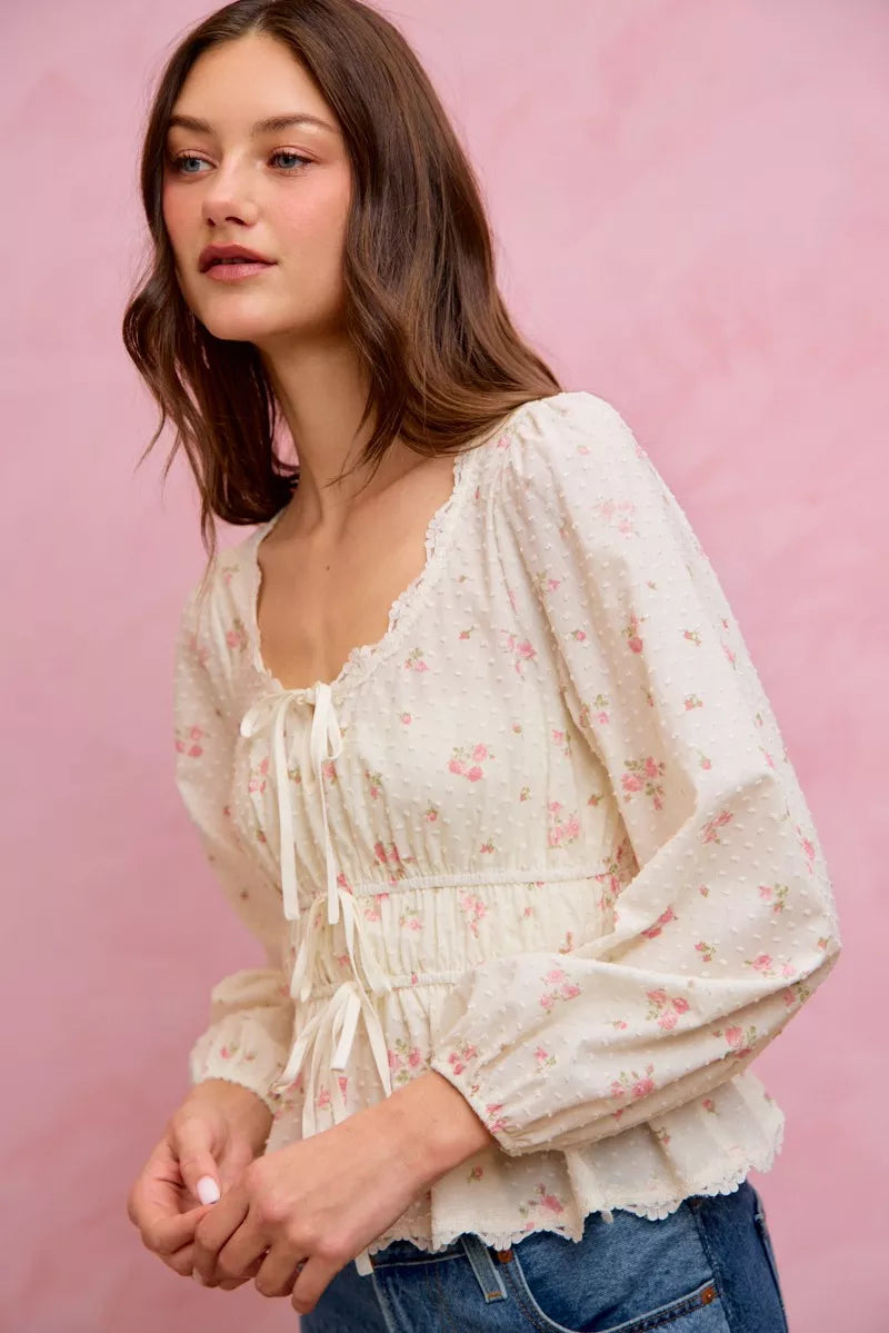 SO ME Floral Clip Dot Lace Trim Ruched Bodice Blouse - WYNFLARE
