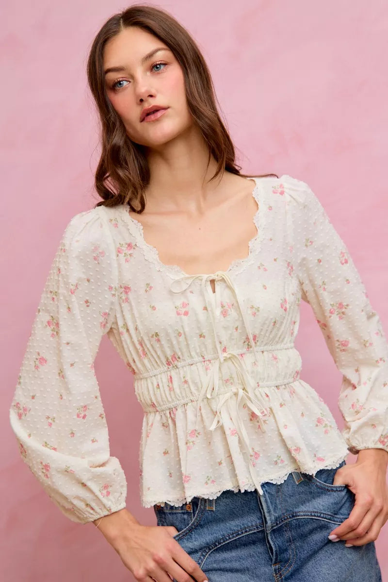 SO ME Floral Clip Dot Lace Trim Ruched Bodice Blouse - WYNFLARE
