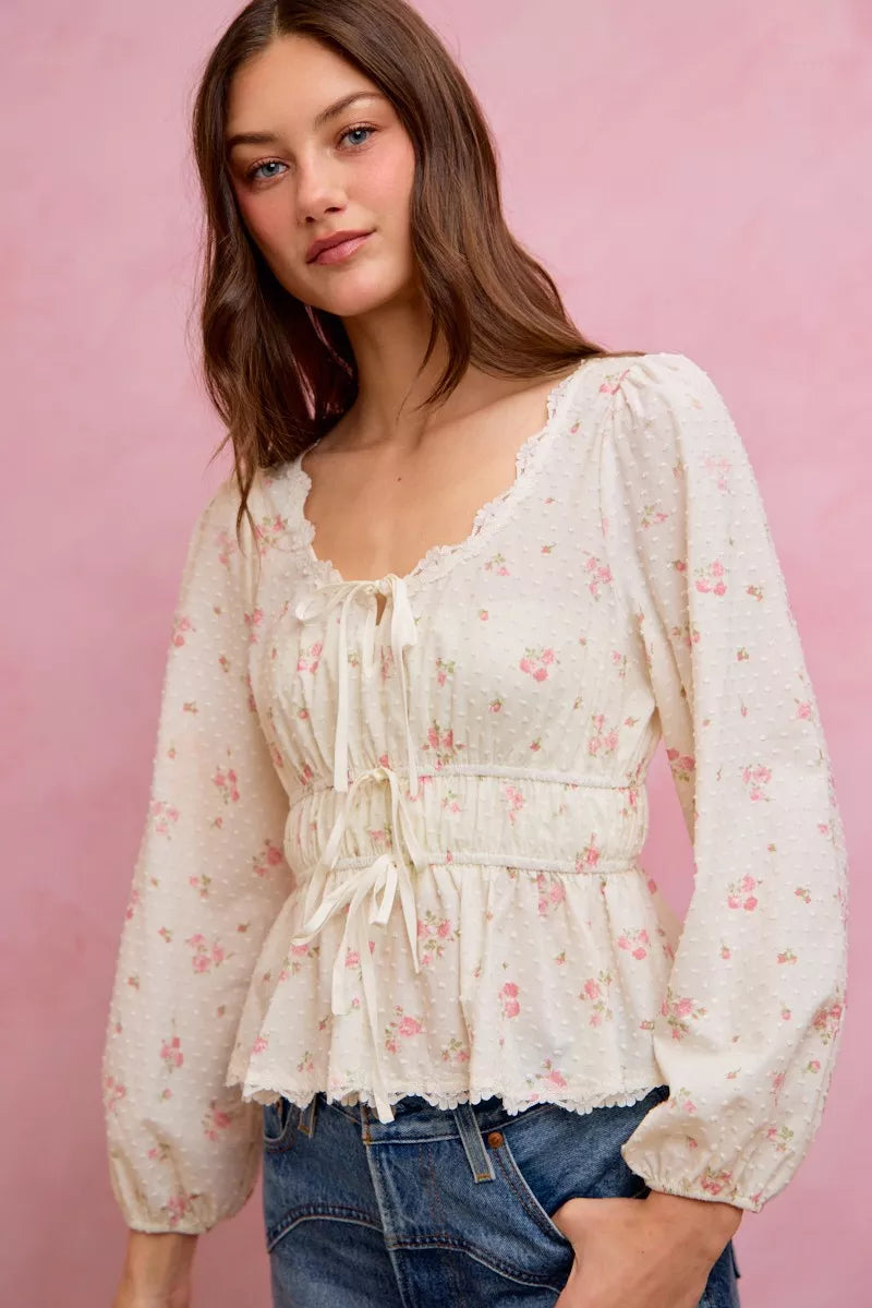 SO ME Floral Clip Dot Lace Trim Ruched Bodice Blouse - WYNFLARE