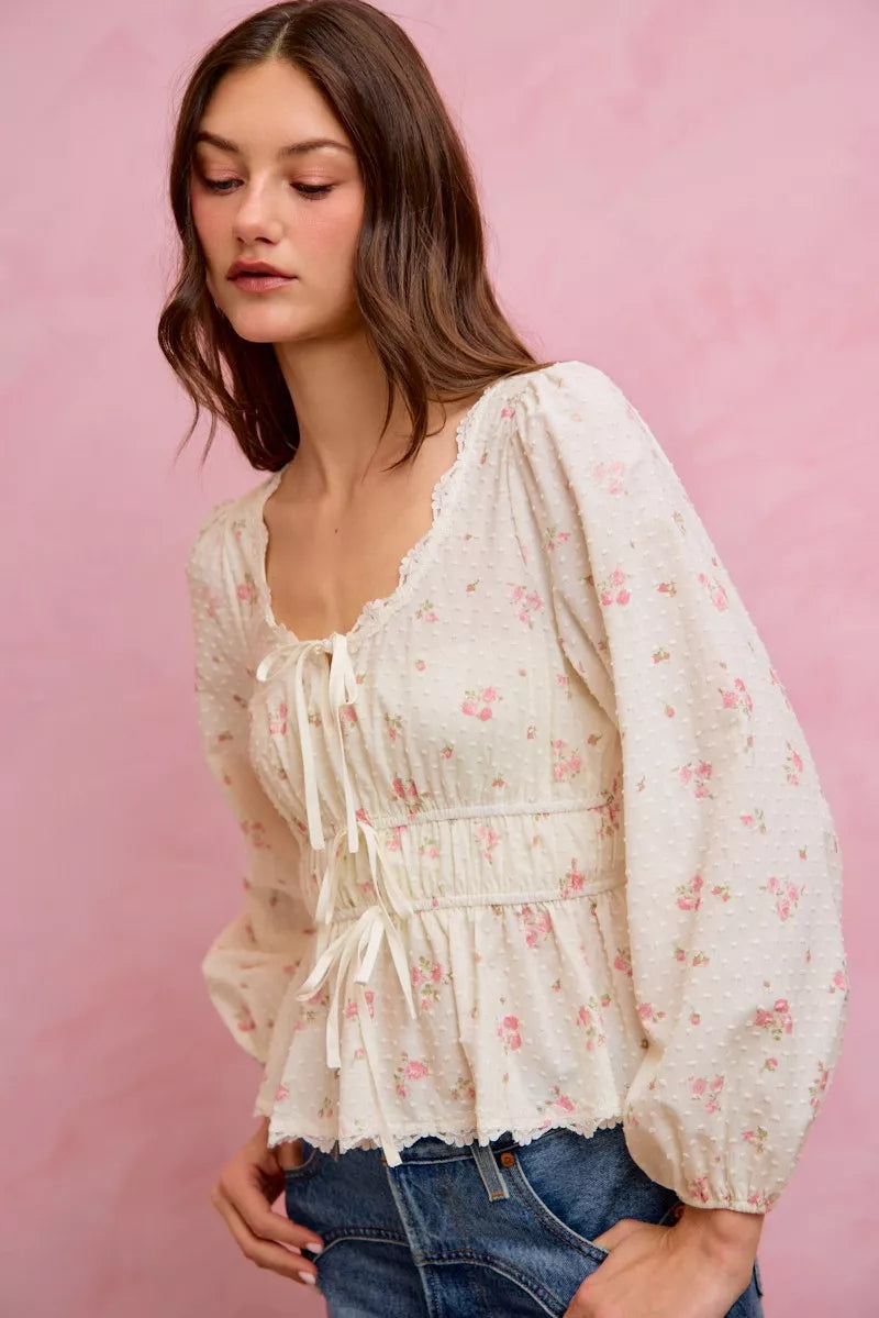 SO ME Floral Clip Dot Lace Trim Ruched Bodice Blouse - WYNFLARE