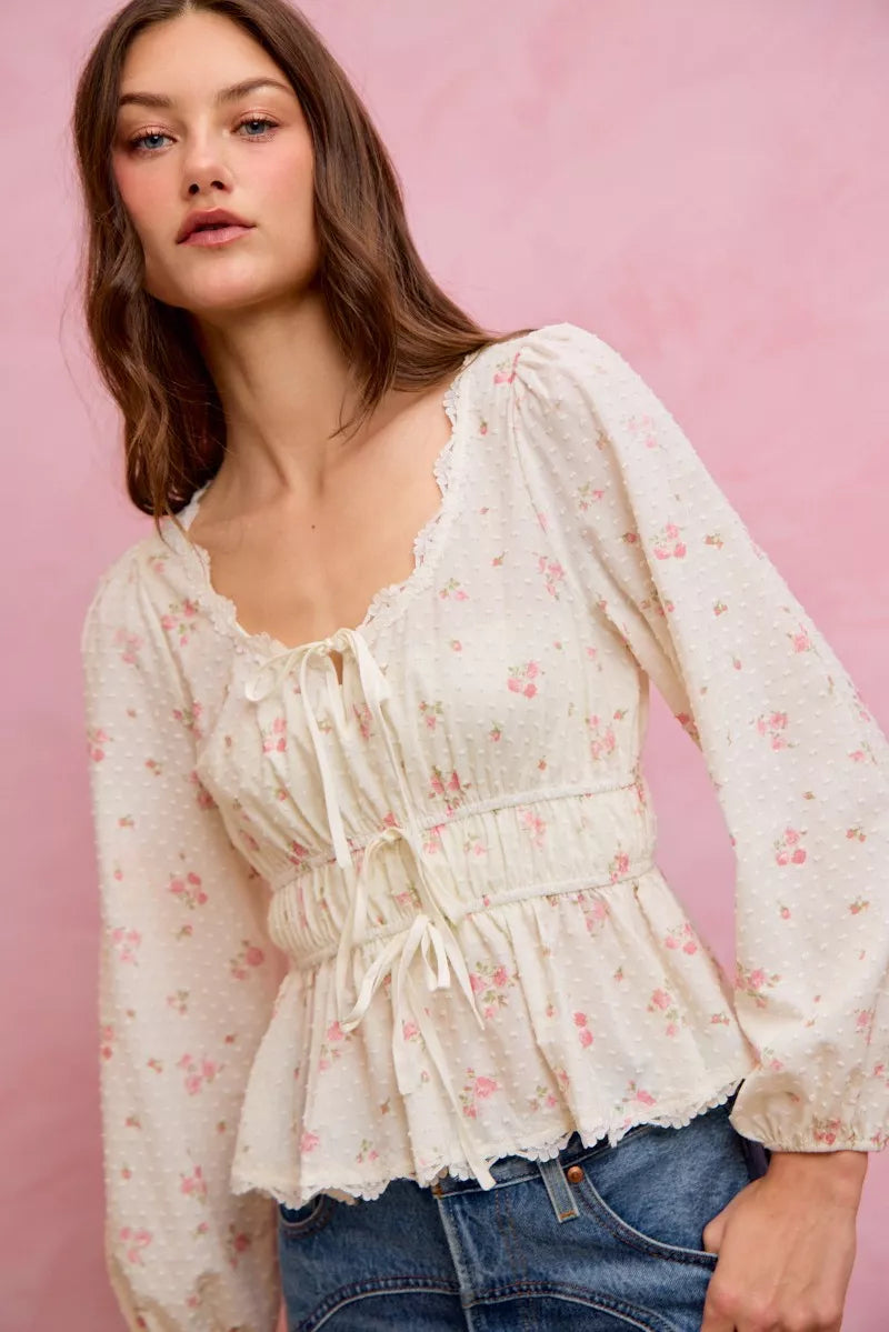 SO ME Floral Clip Dot Lace Trim Ruched Bodice Blouse - WYNFLARE