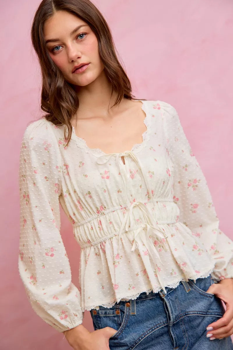 SO ME Floral Clip Dot Lace Trim Ruched Bodice Blouse - WYNFLARE
