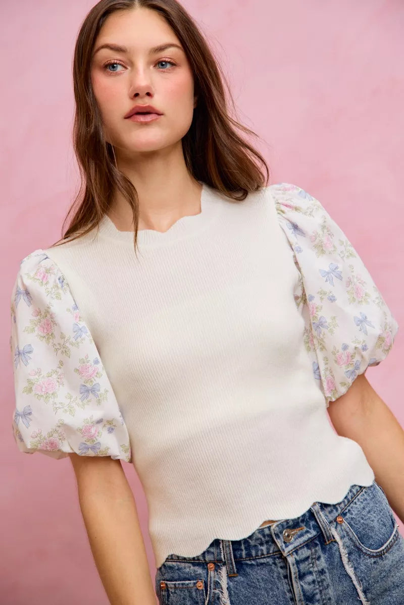 SO ME Floral Cotton Contrast Sleeves Scallop Sweater Top - WYNFLARE