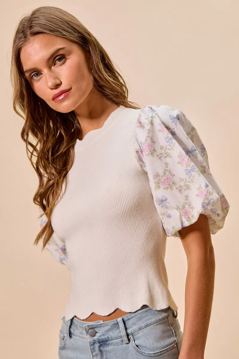 SO ME Floral Cotton Contrast Sleeves Scallop Sweater Top - WYNFLARE