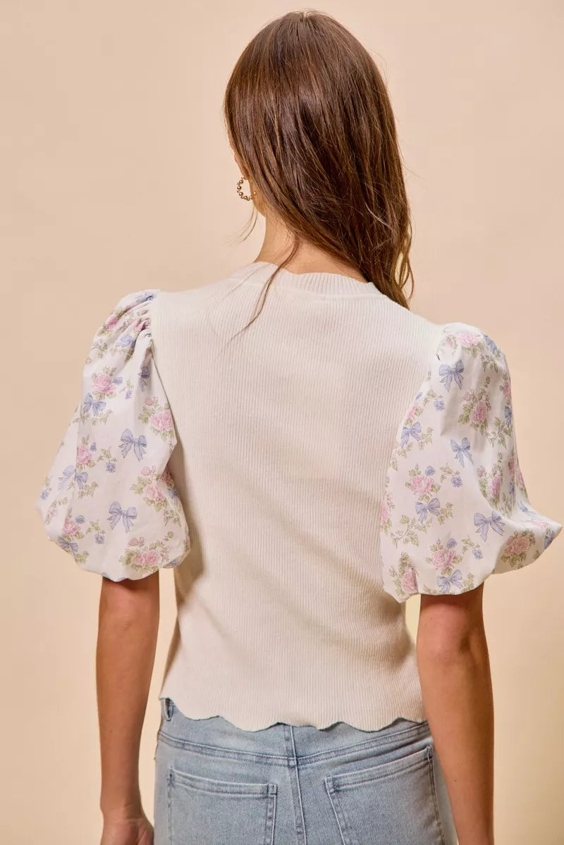 SO ME Floral Cotton Contrast Sleeves Scallop Sweater Top - WYNFLARE
