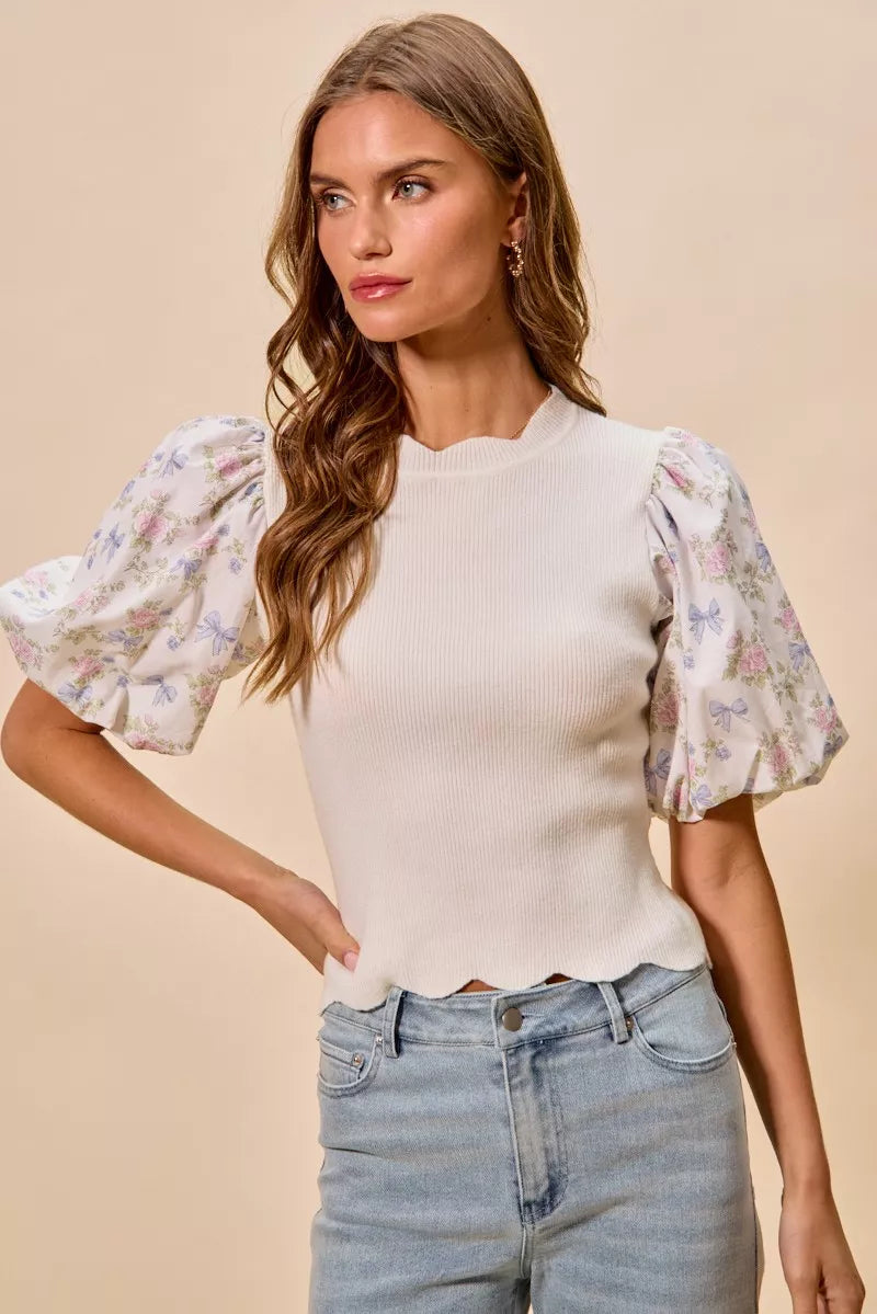 SO ME Floral Cotton Contrast Sleeves Scallop Sweater Top - WYNFLARE