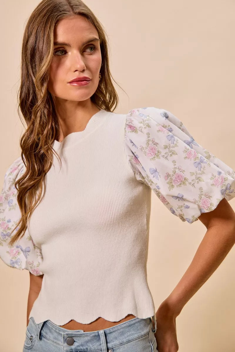 SO ME Floral Cotton Contrast Sleeves Scallop Sweater Top - WYNFLARE