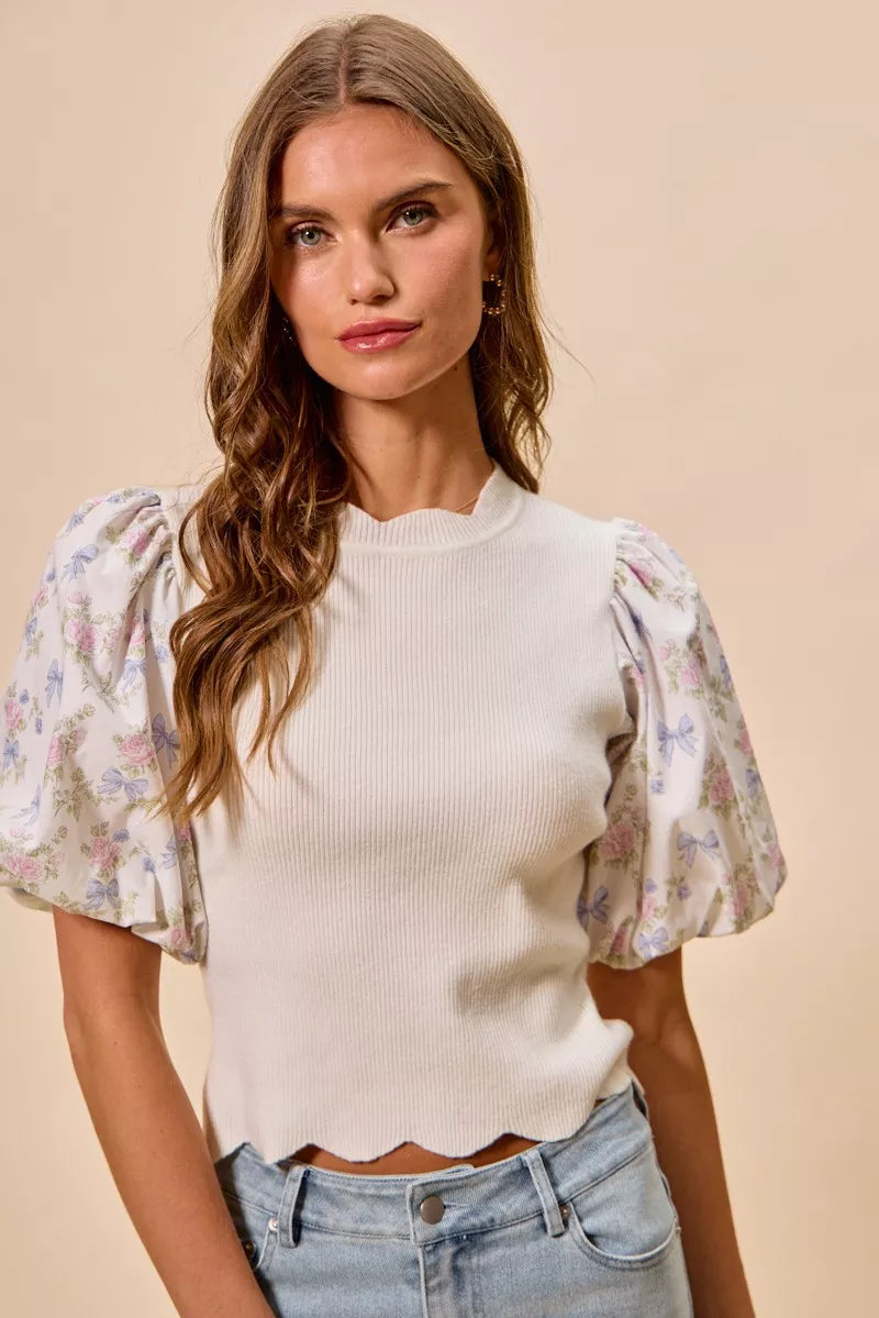SO ME Floral Cotton Contrast Sleeves Scallop Sweater Top - WYNFLARE