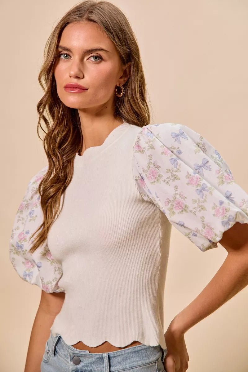 SO ME Floral Cotton Contrast Sleeves Scallop Sweater Top - WYNFLARE