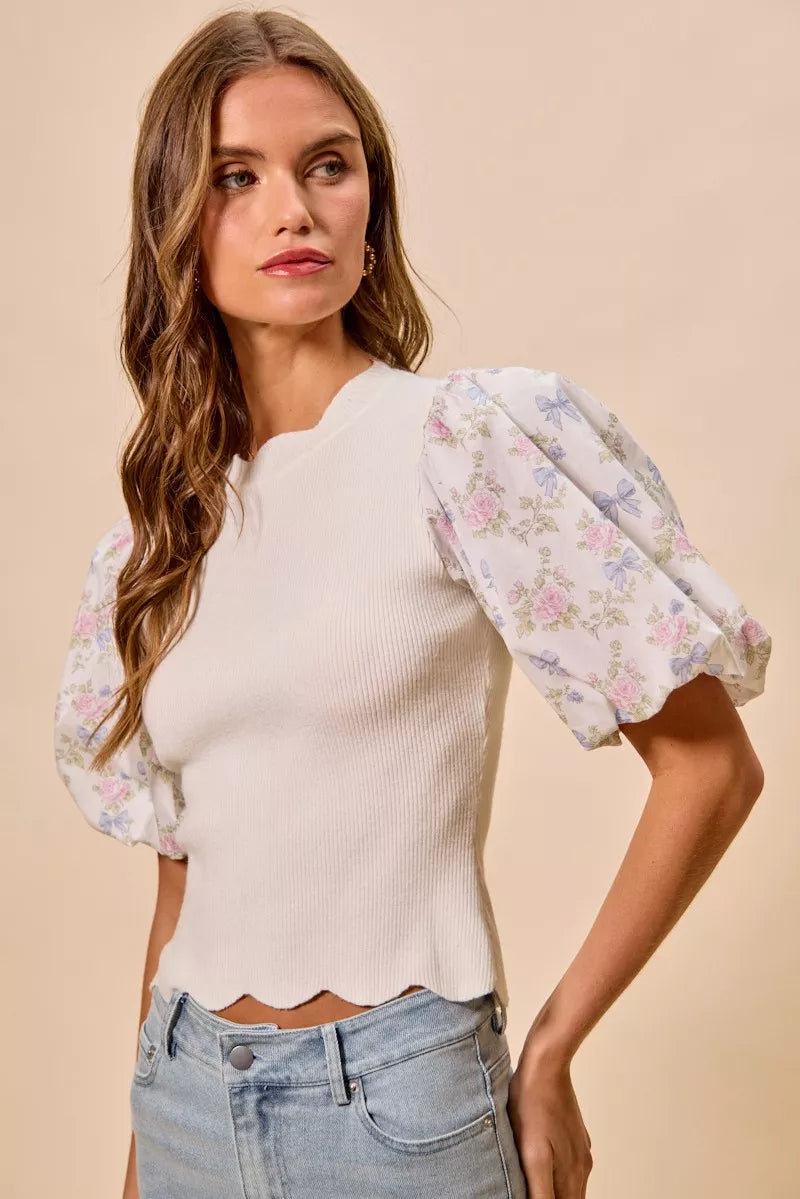 SO ME Floral Cotton Contrast Sleeves Scallop Sweater Top - WYNFLARE
