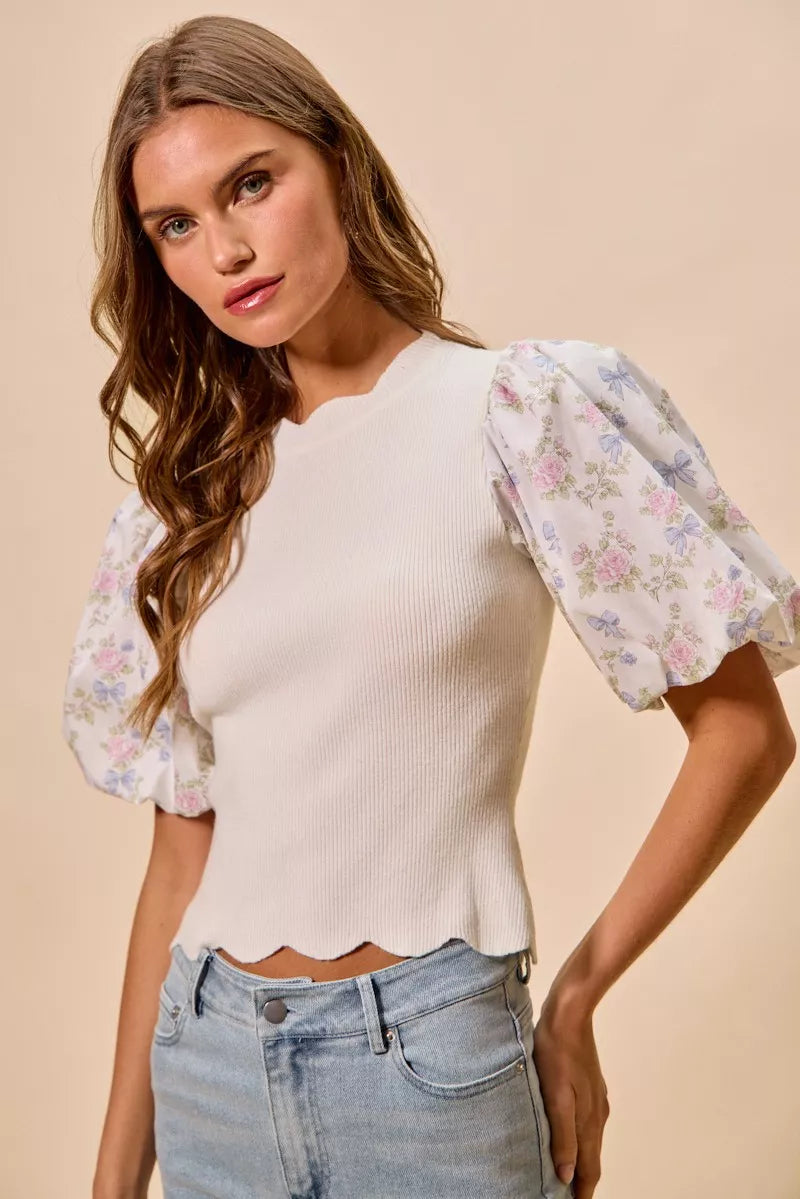 SO ME Floral Cotton Contrast Sleeves Scallop Sweater Top - WYNFLARE