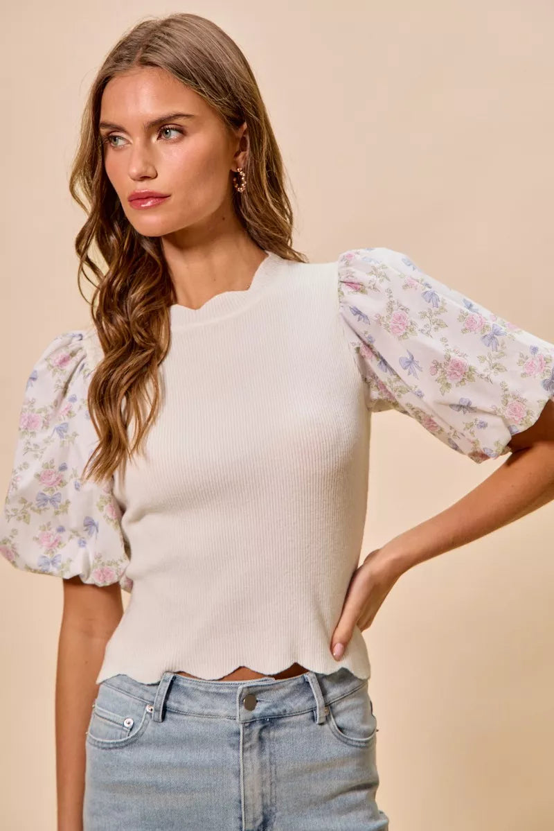 SO ME Floral Cotton Contrast Sleeves Scallop Sweater Top - WYNFLARE