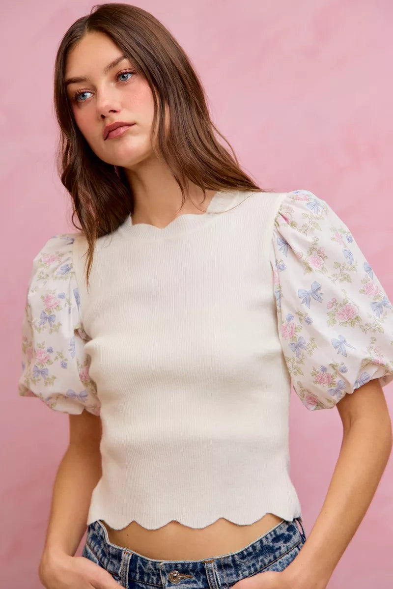 SO ME Floral Cotton Contrast Sleeves Scallop Sweater Top - WYNFLARE