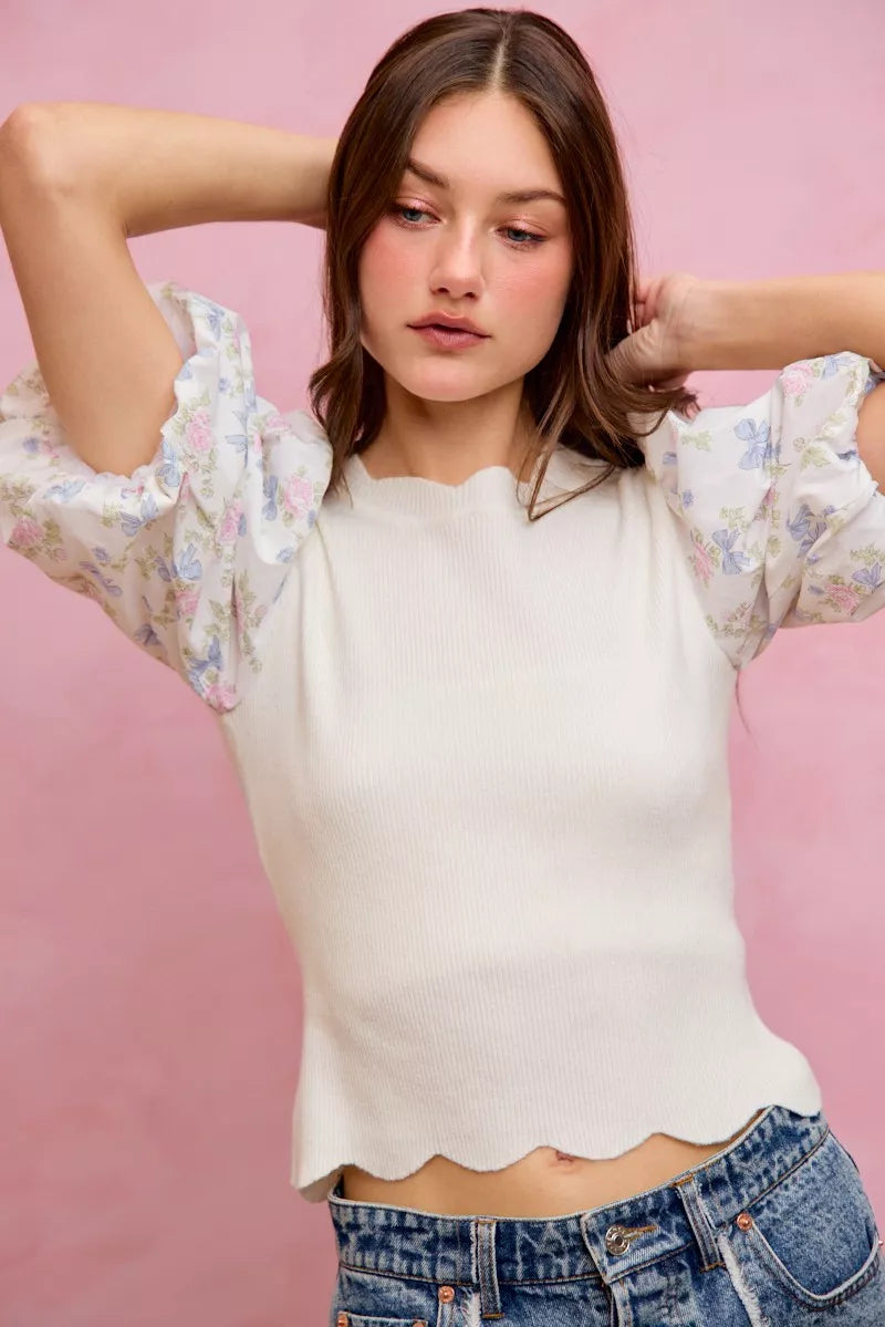 SO ME Floral Cotton Contrast Sleeves Scallop Sweater Top - WYNFLARE