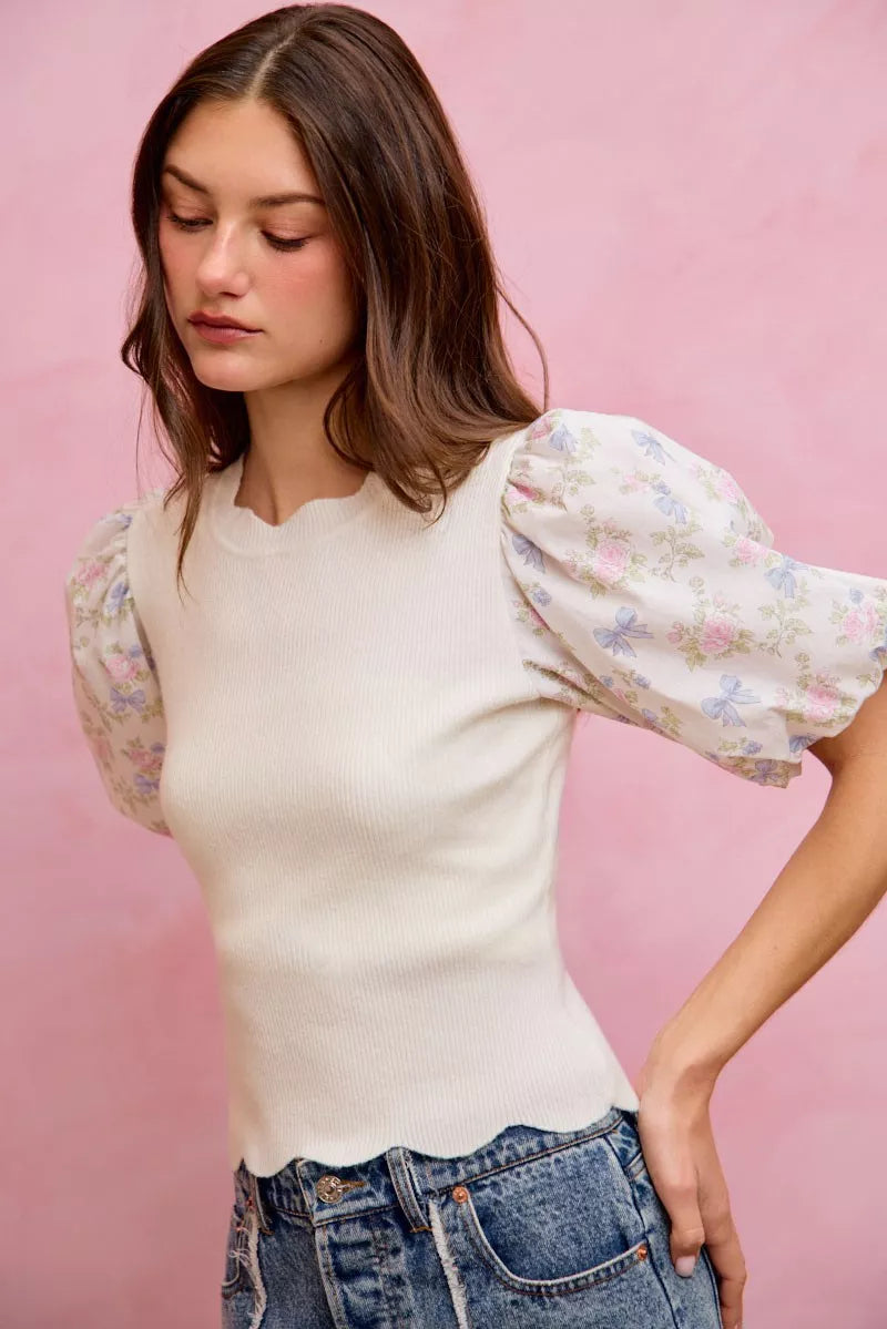 SO ME Floral Cotton Contrast Sleeves Scallop Sweater Top - WYNFLARE