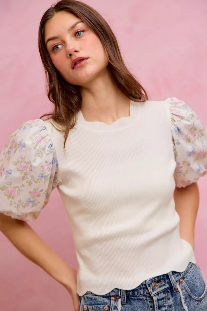 SO ME Floral Cotton Contrast Sleeves Scallop Sweater Top - WYNFLARE