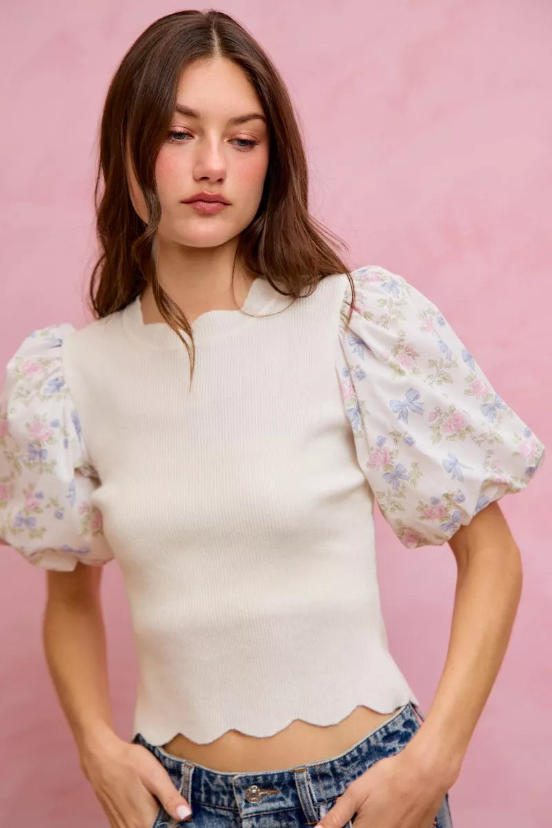 SO ME Floral Cotton Contrast Sleeves Scallop Sweater Top - WYNFLARE