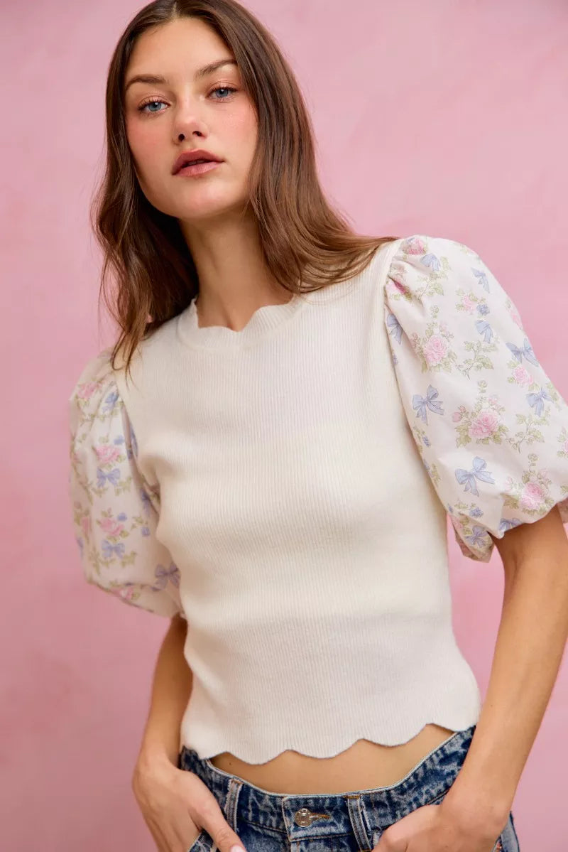 SO ME Floral Cotton Contrast Sleeves Scallop Sweater Top - WYNFLARE