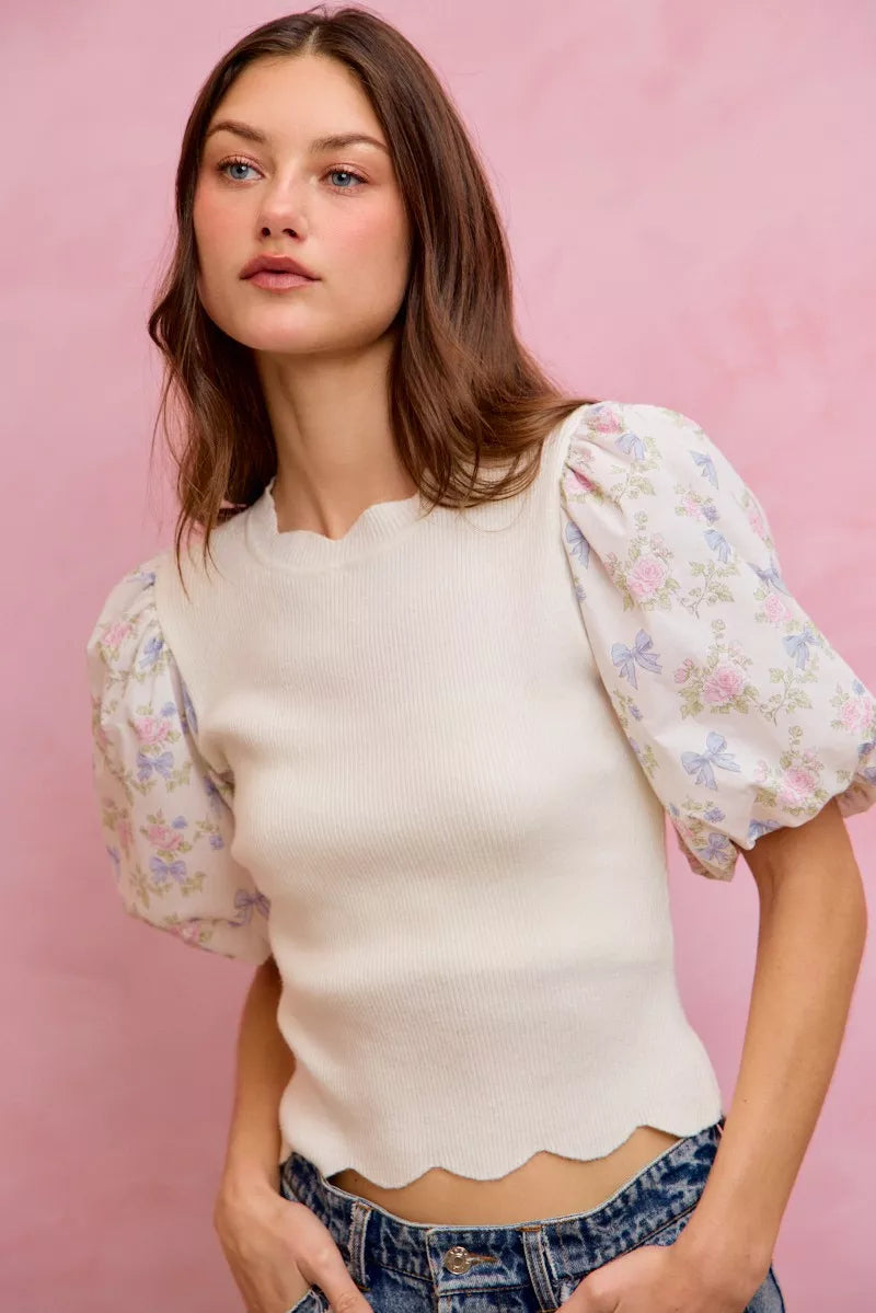 SO ME Floral Cotton Contrast Sleeves Scallop Sweater Top - WYNFLARE